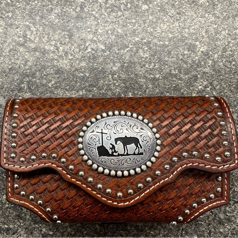 Brown Woven Leather Phone Case with Silver Study